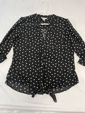 Polka Dot Tie-Front Blouse - Black open lace back. Large. Roll tab sleeves